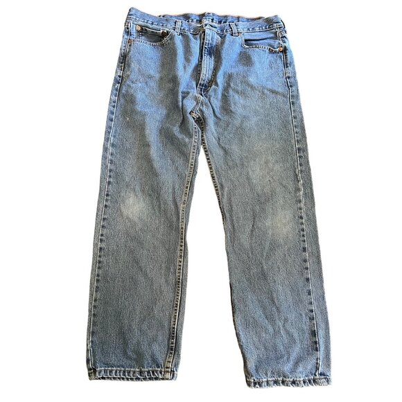 Levi's 505 Jeans Classic Blue Medium Wash Straight Leg Denim Distressed 36 X 29 - Picture 1 of 8